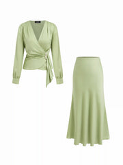 Satin V-neck Draped Pearl Button Top & Mid Rise Mermaid Maxi Skirt Set