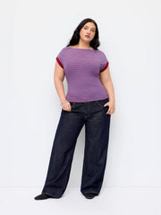 Boat Neck Stripe Contrasting Binding Short Sleeve Tee Curve & Plus