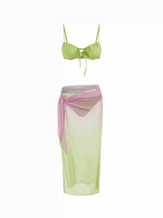Sweetheart Bowknot Ruched Cheeky Bikini Set With Gradient Sheer Sarong