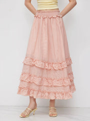 Cotton-blend Mid Rise Ruffle Lettuce Trim Maxi Skirt