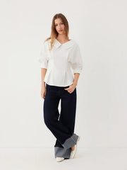 Cotton-blend Peter Pan Collar Puff Sleeve Reversible Blouse