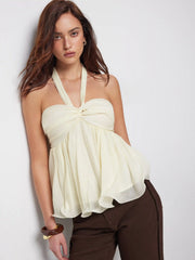 Halter Neckline Ruched Twist Knotted Blouse