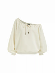 Cotton-blend U-neckline Drawstring Lantern Sleeve Oversized Sweatshirt
