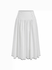 Linen-blend Low Rise Button Detail Scalloped Hem Flared Maxi Skirt