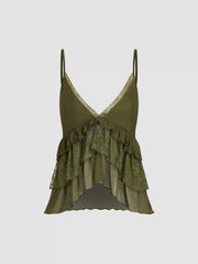 Mesh V-neck Floral Lace Trim Ruffle Cami Top
