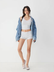 Scoop Neck Striped Lace Trim Top & Mid Rise Shorts Set