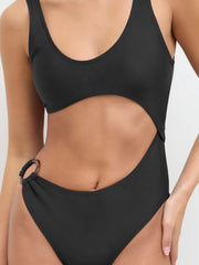 Shaping U-neckline Asymmetrical Cut Out O-ring One Piece Swimsuit