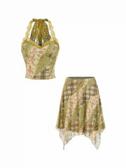 Chiffon Floral Halter Neckline Lace Top & Mid Rise Ruffle Hem Midi Skirt Set