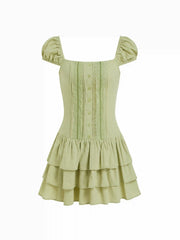 Cotton-blend Square Neck Lantern Sleeve Lace Panel Tiered Mini Dress