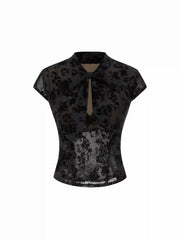Floral Lace Round Neckline Bowknot Tie Front Top
