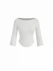 Knit Fabric Boat Neck Curved-Hem Long Sleeve Tee