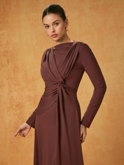 Boat Neck Asymmetrical Twist Ruched Maxi Dress