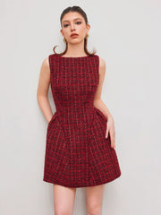 Tweed Boat Neck Zipper Ruffle Mini Dress