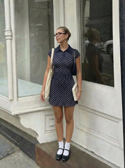 Collar Ruched Polka Dot A-line Mini Dress