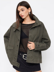 Two Way Denim Funnel Neck Belted Pleated Oversized Jacket