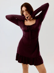 Square Neck Puff Sleeve Ruched Ruffle Hem Mini Dress
