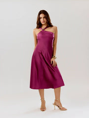 Satin Asymmetrical Neck Wrap Metal Detail Flared Maxi Dress