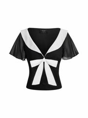 Chiffon Colorblock Collar Ruffle Sleeve Ruched Bowknot Blouse