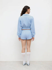 CDR Cotton-blend Collar Half Zip Crop Top & Low Rise Drawstring Micro Shorts Set