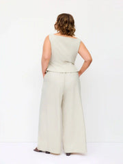 Linen-blend Boat Neck Wrap Tie Top & Mid Rise Wide Leg Trousers Set Curve & Plus