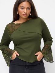 Cotton-blend Boat Neck Lace Patched Asymmetrical Hem Bell Sleeve Top Curve & Plus