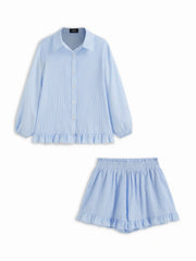 Cotton-blend Striped Ruffled Oversized Top & Mid Rise Wide Leg Shorts Set