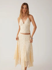 Lace V-neck Halter Neck Top & Asymmetrical Ruffle Midi Skirt Set