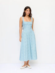 Cotton Broderie Anglaise Sculptural Square Neck Cut Out Flared Maxi Dress