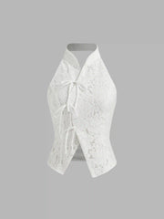 Lace Mandarin Collar Bowknot Split Tank Top