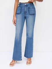 Stretch Denim Mid Rise Scalloped Trim Metal Detail Flared Jeans