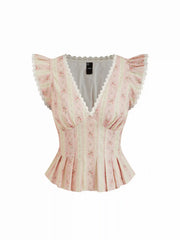 Cotton-blend Stripe Floral V-neck Ruffle Sleeve Lace Trim Blouse
