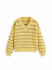 Knit Wool-blend V-neck Striped Oversized Top With Scarf