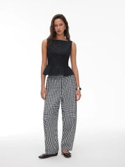 Cotton Boat Neck Peplum Top & Gingham Mid Rise Barrel-leg Trousers Set