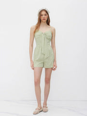 Cotton-blend Sweetheart Gingham Shirred Knotted Romper