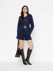Denim Round Neckline Tie Back Cinched Waist Metal Button Jacket
