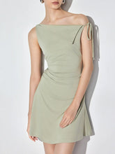 Asymmetrical Neck Ruched Bowknot A-line Mini Dress