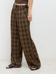 Mid Rise Checks Pocket Wide Leg Trousers With Belt