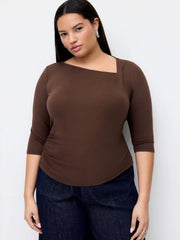 Asymmetrical Neck Ruched Middle Sleeve Tee Curve & Plus