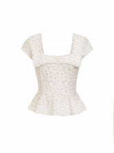 Cotton-blend Floral Square Neck Puff Sleeve Lace Trim Bowknot Peplum Blouse