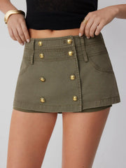Cotton-blend Low Rise Metal Detail Button A-line Mini Skort