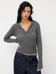 Cable Knit V-neck Solid Hooded Long Sleeve Top