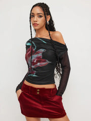 Asymmetrical Neck Floral Ruched Long Sleeve Top