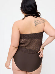 Lace Halter Neck Tankini & Full Coverage Bikini Bottoms With Sheer Skirt Three-piece Bikini Set Curve & Plus