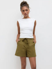 Linen-blend Mid Rise Drawstring Shorts