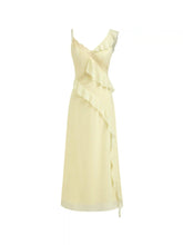 Chiffon V-neck Lace Trim Ruffle Hem Maxi Dress