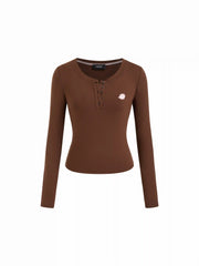 Round Neckline Hedgehog Pattern Button Long Sleeve Top