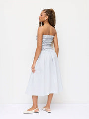 Cotton Striped Bandeau Ruched A-line Maxi Dress