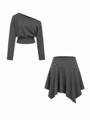 Cotton-blend Asymmetrical Neck Stripe Top & Mid Rise Hanky Hem Midi Skirt Set