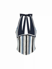Cotton-Blend Stripe Sailor Collar Halter Top & Low Rise Shorts Set