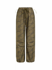 Mid Rise Tree Branch Pattern Ruched Drawstring Cargo Trousers